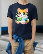 Cute Cat Scientist Biology Graphic T-Shirt Nerd Science Tee - model wearing navy tee with hands in pockets