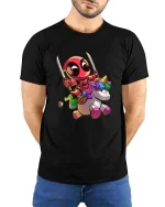 Funny Ninja Unicorn Cartoon Graphic T-Shirt Cute Hero Tee - model wearing black tee with hands behind back
