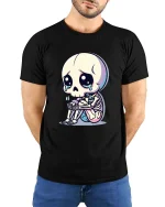 Sad Skeleton Cartoon Graphic T-Shirt Cute Gothic Emo Tee - model wearing black tee with hands behind back