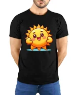 Cute Happy Sun Cartoon Graphic T-Shirt Bright Positive Tee - model wearing black tee with hands behind back