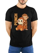 Funny Punch Monkey Cartoon Graphic T-Shirt Cute Humor Tee - model wearing black tee with hands behind back