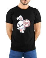 Cute Bunny OK Sign Cartoon Graphic T-Shirt Funny Kawaii Tee - model wearing black tee with hands behind back