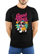 Good Vibes Only Dog Graphic T-Shirt Funny Summer Tee - model wearing black tee with hands behind back