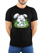 Cute Bunny Eating Grass Cartoon Graphic T-Shirt Kawaii Tee - model wearing black tee with hands behind back