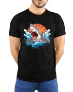 Great White Shark Ocean Graphic T-Shirt Cool Sea Predator Tee - model wearing black tee with hands behind back