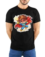 Cute Superhero Kid Cartoon Graphic T-Shirt Fun Hero Tee - model wearing black tee with hands behind back