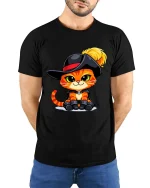 Cute Musketeer Cat Cartoon Graphic T-Shirt Funny Kitten Tee - model wearing black tee with hands behind back