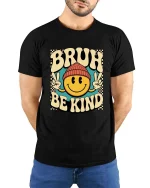Bruh Be Kind Smile Face Retro Graphic T-Shirt Vintage Tee - model wearing black tee with hands behind back