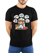 Cute Cricket Player Cartoon Graphic T-Shirt Funny Sport Tee - model wearing black tee with hands behind back