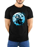 Cute Grim Reaper Cartoon Graphic T-Shirt Gothic Moon Tee - model wearing black tee with hands behind back