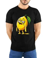 Funny Tired Lemon Cartoon Graphic T-Shirt Lazy Mood Tee - model wearing black tee with hands behind back