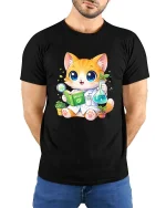 Cute Cat Scientist Biology Graphic T-Shirt Nerd Science Tee - model wearing black tee with hands behind back