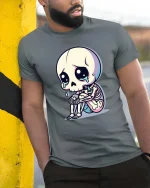 Sad Skeleton Cartoon Graphic T-Shirt Cute Gothic Emo Tee - model wearing grey tee, leaning on column