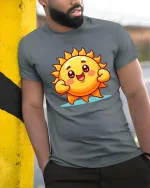 Cute Happy Sun Cartoon Graphic T-Shirt Bright Positive Tee - model wearing grey tee, leaning on column