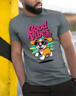 Good Vibes Only Dog Graphic T-Shirt Funny Summer Tee - model wearing grey tee, leaning on column