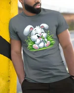 Cute Bunny Eating Grass Cartoon Graphic T-Shirt Kawaii Tee - model wearing grey tee, leaning on column
