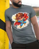Cute Superhero Kid Cartoon Graphic T-Shirt Fun Hero Tee - model wearing grey tee, leaning on column