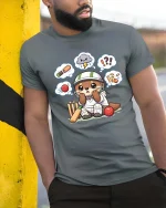 Cute Cricket Player Cartoon Graphic T-Shirt Funny Sport Tee - model wearing grey tee, leaning on column