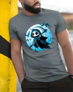 Cute Grim Reaper Cartoon Graphic T-Shirt Gothic Moon Tee - model wearing grey tee, leaning on column