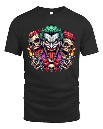 Joker Skull Flame Graphic T-Shirt Dark Streetwear Styles - black t-shirt on white background