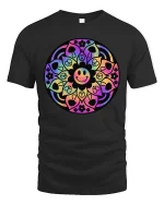 Colorful Mandala Smiley Graphic T-Shirt Retro Peace Art - black t-shirt on white background