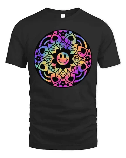 Colorful Mandala Smiley Graphic T-Shirt Retro Peace Art - black t-shirt on white background
