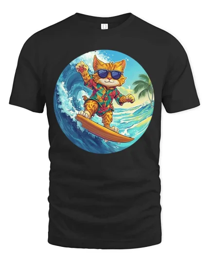 Surfing Cat Hawaiian Graphic T-Shirt Cool Summer Vibes - black t-shirt on white background