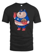 Funny Superhero Eating Burger Graphic T-Shirt Comic Tee - black t-shirt on white background