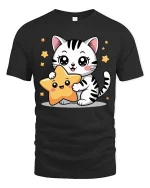 Cute Kitty Star Graphic T-Shirt Kawaii Cartoon Style Tee - black t-shirt on white background