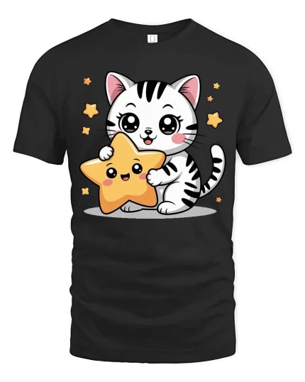 Cute Kitty Star Graphic T-Shirt Kawaii Cartoon Style Tee - black t-shirt on white background