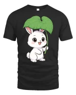 Cute Bunny Leaf Umbrella Graphic T-Shirt Kawaii Style Tee - black t-shirt on white background
