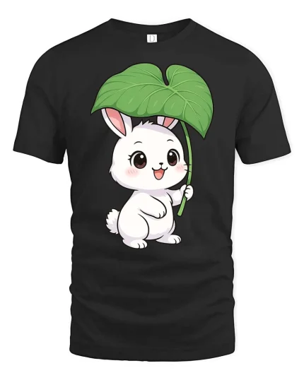 Cute Bunny Leaf Umbrella Graphic T-Shirt Kawaii Style Tee - black t-shirt on white background