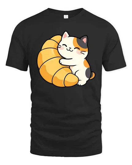 Cute Cat Croissant Graphic T-Shirt Kawaii Food Lover Tee - black t-shirt on white background