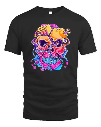 Cyberpunk Skull Neon Graphic T-Shirt Futuristic Street - black t-shirt on white background
