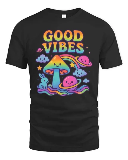 Good Vibes Mushroom Rainbow Graphic T-Shirt Cute Style - black t-shirt on white background