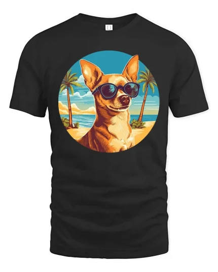 Cool Chihuahua Beach Sunglasses Graphic T-Shirt Summer - black t-shirt on white background