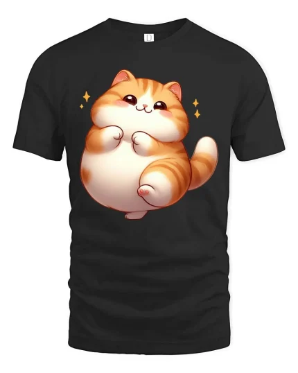 Cute Chubby Cat Graphic T-Shirt Kawaii Cartoon Style - black t-shirt on white background