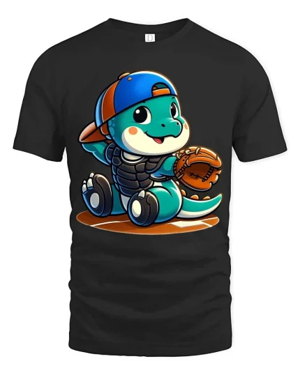 Cute Dinosaur Baseball Graphic T-Shirt Funny Sports Tee - black t-shirt on white background