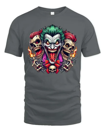 Joker Skull Flame Graphic T-Shirt Dark Streetwear Styles - gray t-shirt on white background