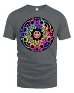 Colorful Mandala Smiley Graphic T-Shirt Retro Peace Art - gray t-shirt on white background