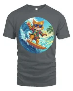 Surfing Cat Hawaiian Graphic T-Shirt Cool Summer Vibes - gray t-shirt on white background