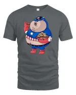 Funny Superhero Eating Burger Graphic T-Shirt Comic Tee - gray t-shirt on white background