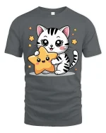 Cute Kitty Star Graphic T-Shirt Kawaii Cartoon Style Tee - gray t-shirt on white background