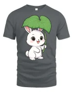 Cute Bunny Leaf Umbrella Graphic T-Shirt Kawaii Style Tee - gray t-shirt on white background