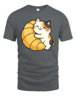 Cute Cat Croissant Graphic T-Shirt Kawaii Food Lover Tee - gray t-shirt on white background