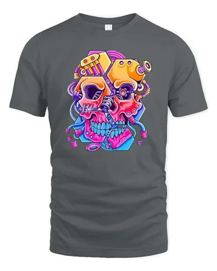 Cyberpunk Skull Neon Graphic T-Shirt Futuristic Street - gray t-shirt on white background