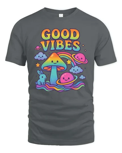 Good Vibes Mushroom Rainbow Graphic T-Shirt Cute Style - gray t-shirt on white background
