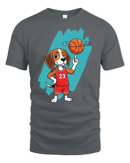 Basketball Dog Graphic T-Shirt Funny Sports Puppy Tee - gray t-shirt on white background