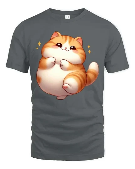 Cute Chubby Cat Graphic T-Shirt Kawaii Cartoon Style - gray t-shirt on white background