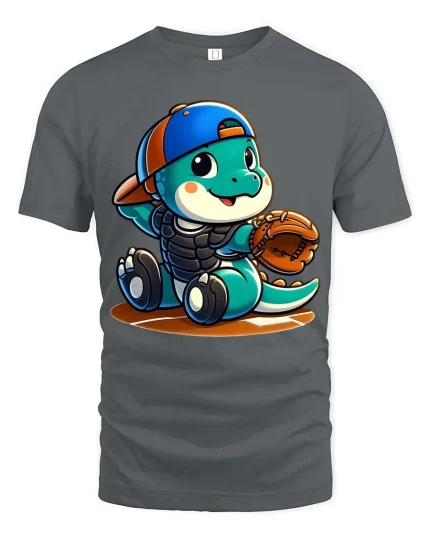 Cute Dinosaur Baseball Graphic T-Shirt Funny Sports Tee - gray t-shirt on white background